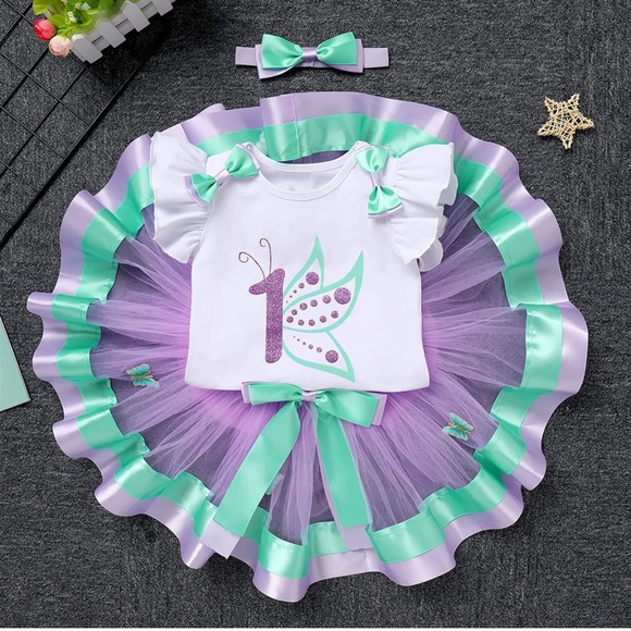 One year old girl butterfly birthday outfit tutu purple teal 12 month - Picture 2 of 8